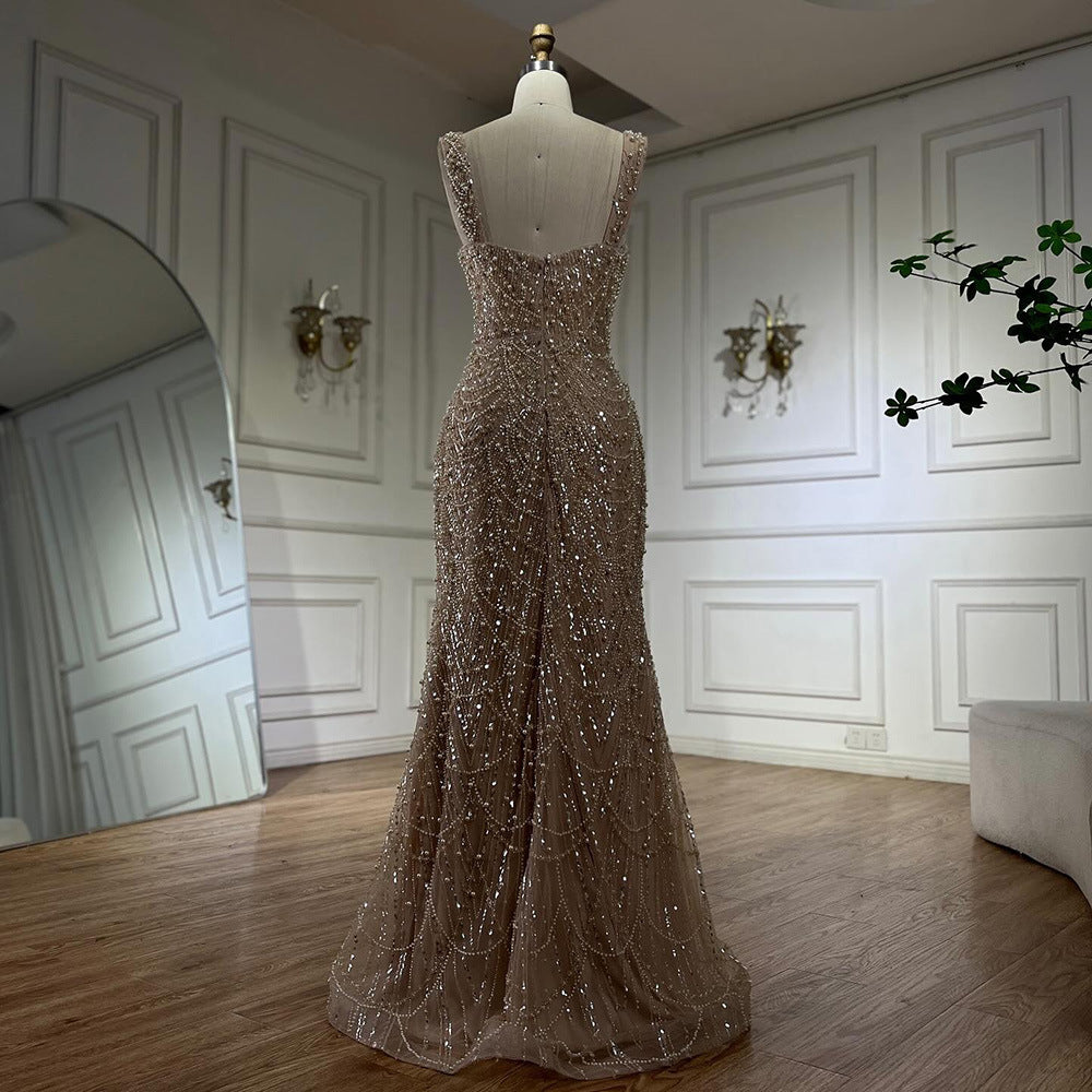 Nude Elegant Sling Light Luxury High-end Pearl Beaded Dress Women's