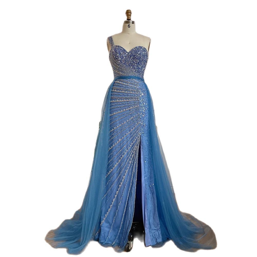 Blue Handmade Beaded Split Shoulder Fishtail Dress Women's